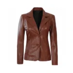 Women Dark Brown Leather Blazer Front