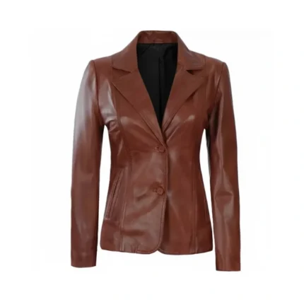 Women Dark Brown Leather Blazer Front