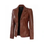 Women Dark Brown Leather Blazer Left
