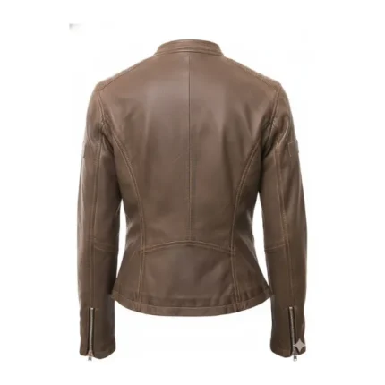 Women Distress Brown Cafe Racer Leather Jacket Back