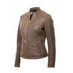Women Distress Brown Cafe Racer Leather Jacket Front