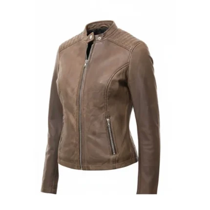 Women Distress Brown Cafe Racer Leather Jacket Front