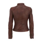 Women Distress Cognac Cafe Racer Leather Jacket Back