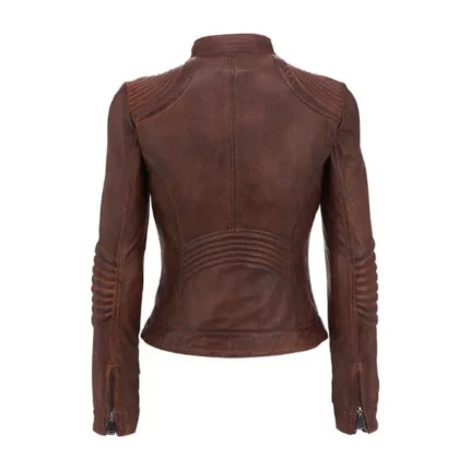Women Distress Cognac Cafe Racer Leather Jacket Back