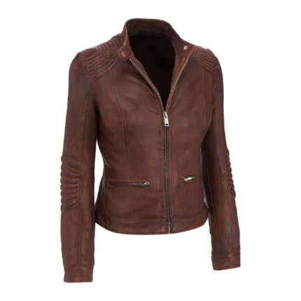 Women Distress Cognac Cafe Racer Leather Jacket Front