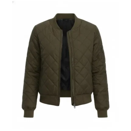 Women Green Quilted Bomber Jacket Front