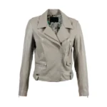 Women Grey Leather Biker Jacket Front