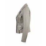 Women Grey Leather Biker Jacket - Image 3