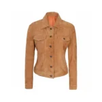 Women Light Brown Suede Trucker Jacket Front