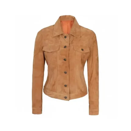 Women Light Brown Suede Trucker Jacket Front