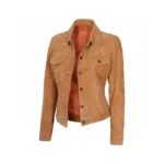 Women Light Brown Suede Trucker Jacket Left