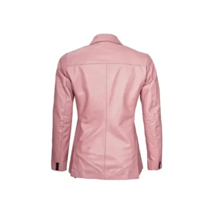 Women Pink Leather Blazer Back