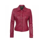 Women Pink Leather Trucker Jacket Front