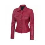 Women Pink Leather Trucker Jacket Left