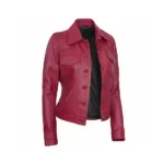 Women Pink Leather Trucker Jacket Right