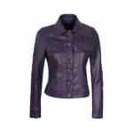 Women Purple Leather Trucker Jacket Front