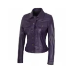 Women Purple Leather Trucker Jacket Left