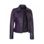 Women Purple Leather Trucker Jacket Right