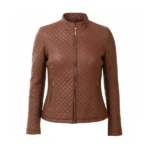 Women Quilted Brown Cafe Racer Leather Jacket Front