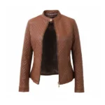 Women Quilted Brown Cafe Racer Leather Jacket Open