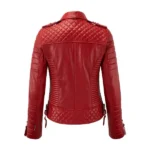 Women Red Quilted Leather Biker Jacket Back