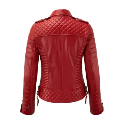 Women Red Quilted Leather Biker Jacket Back