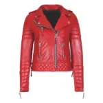 Women Red Quilted Leather Biker Jacket Front