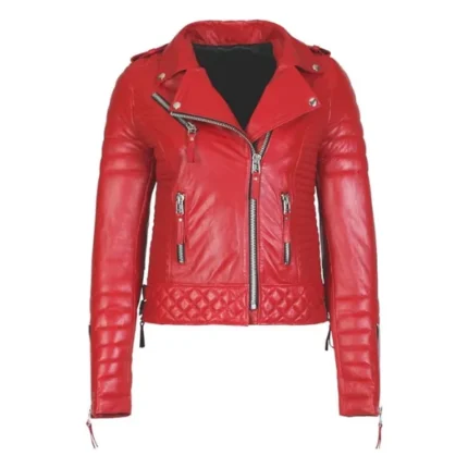 Women Red Quilted Leather Biker Jacket Front