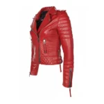Women Red Quilted Leather Biker Jacket Left