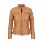 Women Tan Cafe Racer Leather Jacket Front