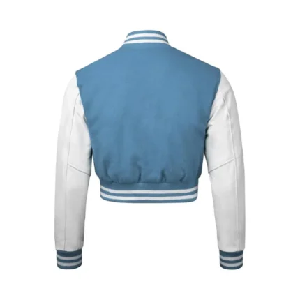 Womens Blue and White Cropped Varsity Jacket Back