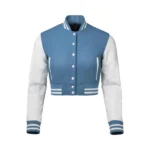 Womens Blue and White Cropped Varsity Jacket Front