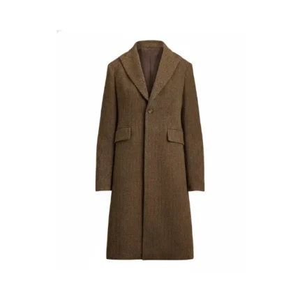 Womens Brown Herringbone Single Breasted Wool Coat Front
