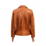 Womens Brown Moto Fringe Leather Jacket Back