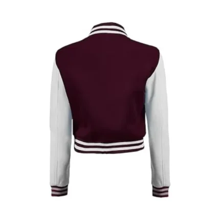 Womens Burgundy and White Cropped Varsity Jacket Back