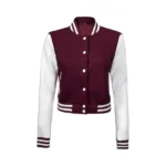 Womens Burgundy and White Cropped Varsity Jacket Front
