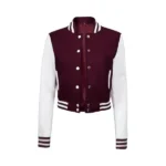 Womens Burgundy and White Cropped Varsity Jacket Front Open