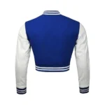Womens Navy Blue and White Cropped Varsity Jacket Back