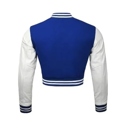 Womens Navy Blue and White Cropped Varsity Jacket Back