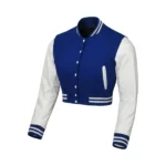 Womens Navy Blue and White Cropped Varsity Jacket Left