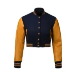 Womens Navy Blue and Yellow Cropped Varsity Jacket Front