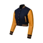 Womens Navy Blue and Yellow Cropped Varsity Jacket Left