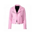 Womens Pink Biker Fringe Leather Jacket Front