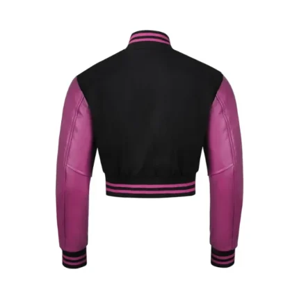 Womens Pink and Black Cropped Varsity Jacket Back