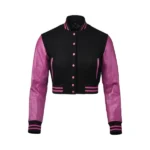 Womens Pink and Black Cropped Varsity Jacket Front