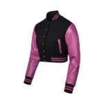 Womens Pink and Black Cropped Varsity Jacket Left