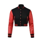 Womens Red and Black Cropped Varsity Jacket Front