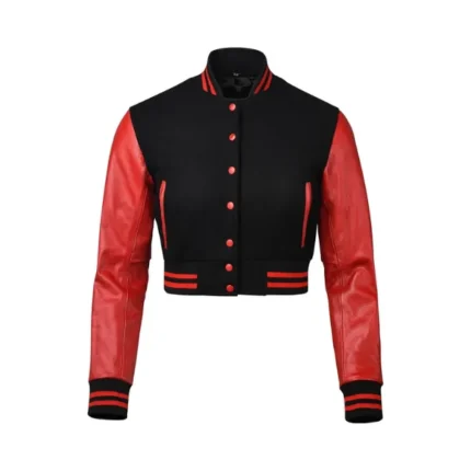 Womens Red and Black Cropped Varsity Jacket Front