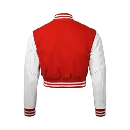 Womens Red and White Cropped Varsity Jacket Back