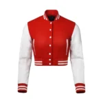 Womens Red and White Cropped Varsity Jacket Front